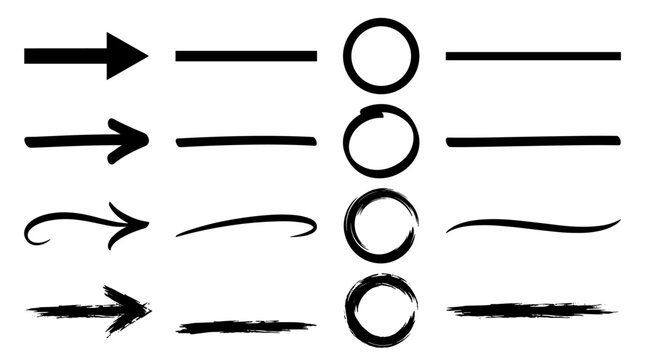 A set of hand-painted black vectors featuring arrows and circles in four brushstroke styles: geometric, thick marker, calligraphic, and grunge