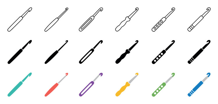 Crochet hook icons in three different styles featuring outline, solid black silhouette, and colorful flat vector designs for needlework, knitting, and handmade craft projects