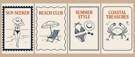 Summer beach themed vintage label collection featuring sun seeker coastal treasures beach club and seaside lifestyle illustrations for travel branding packaging and holiday promotions © jonty