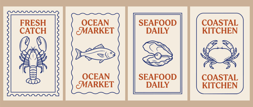 Seafood market vintage label collection featuring lobster fish oyster and crab illustrations designed for coastal restaurant branding packaging menu templates and marine food promotions