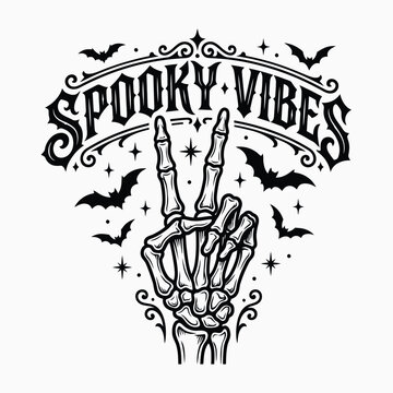 Spooky vibes halloween t shirt vector graphic with skeleton hand and bats