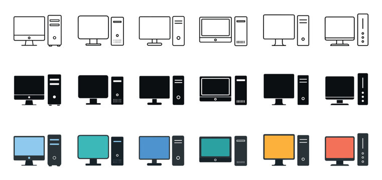 Desktop computer icons with monitor and CPU tower in outline, solid glyph, and colorful flat design styles for technology interface development