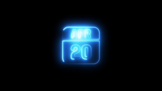 Glowing neon calendar april 20 date sign 4k animation video on black background 