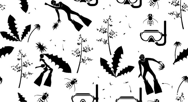 Black and white scuba diving and tropical leaves pattern.