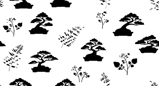 Black and white bonsai tree pattern design.