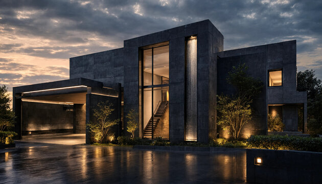 Modern stone residential house exterior with dramatic evening lighting and glass facade exterior architecture building twilight lighting property contemporary minimalist structure