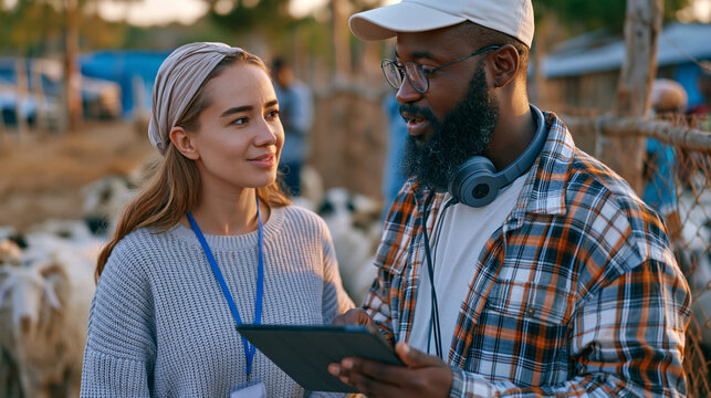 Epidemiologist interviewing rural farmer through translator outside livestock enclosure at golden hour, tablet recording interview responses, representing zoonotic spillover risk assessment fieldwor