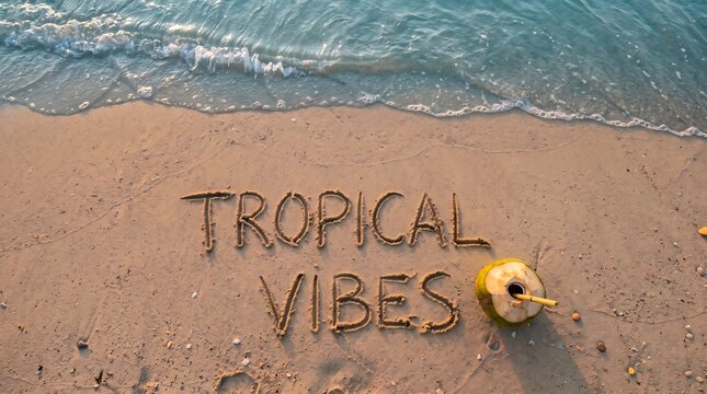 Tropical vibes message written in sand with coconut drink on beach