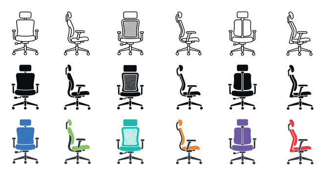Office chair icons set in different styles including outline, solid silhouette, and colorful designs showing front and side views of ergonomic desk chairs for workspace design