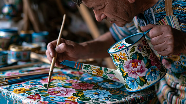 Folk artist seated at a painted cottage table applying decorative tole designs to a tin watering can with fine brushes, floral motif in progress, traditional decorative painting, handcraft heritage,