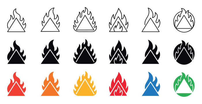 Fire triangle icon set with flame symbols in various graphic styles including outline, solid black, and colorful flat designs for warning, hazard, or energy concepts