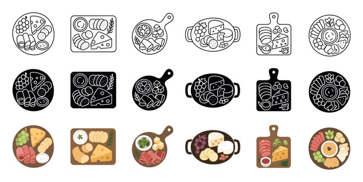 Charcuterie board and cheese platter icon set featuring various styles of grazing boards with cured meats, cheese, crackers, grapes, and olives for food menu design