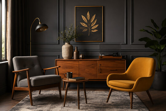 Mid-century modern living room interior, dark charcoal wall with elegant wood furniture, mustard yellow and grey armchairs in a moody lounge isolated on White Background ai