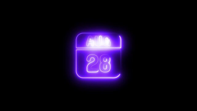 Glowing neon calendar august 28 date animation twenty-eighth 4k animation video on black background 