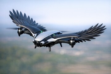 Obraz premium A black and white bird flying in the clear blue sky with some clouds