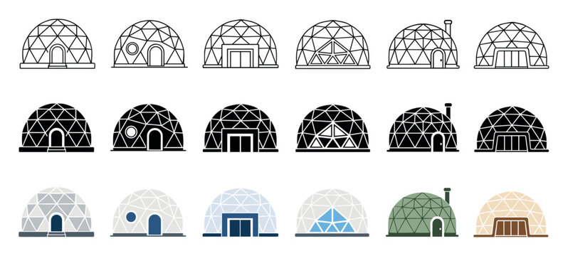Geodesic dome house icon set representing glamping tents and eco-friendly spherical accommodation structures in outline, solid, and flat color styles