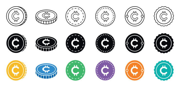 Ghanaian cedi currency coin vector icons in various styles including outline, solid black, and colorful flat designs for financial applications