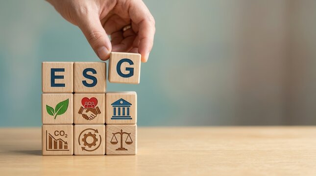 A person's hand adjusting wooden cubes with ESG letters and various sustainability icons.