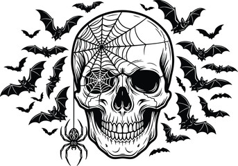 Fototapeta premium Halloween t shirt vector graphic spooky skull with bats and spider web