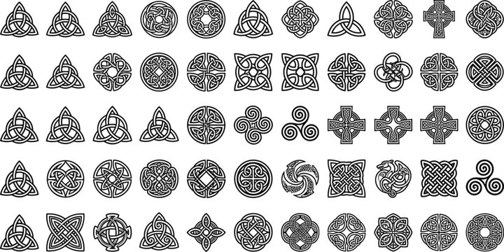 Celtic knot vector symbols set with triquetra triskele crosses traditional Irish patterns ornaments elements for graphic design