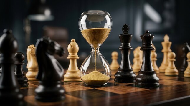 The importance of entering at the right moment represented by chess pieces and an hourglass.