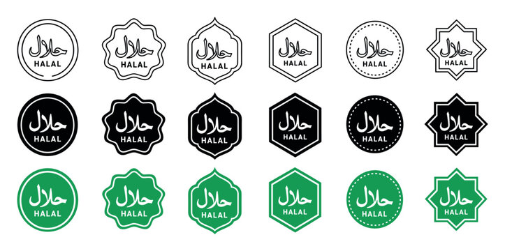 Halal certification logo stamp vector icon set featuring Arabic calligraphy and English text in various geometric shapes, colors, and styles for food packaging
