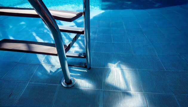 pool ladder casting geometric shadows on blue tiles