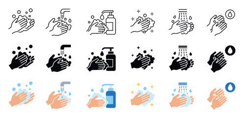 Fototapeta premium Hand washing icons set for personal hygiene, featuring outline, solid, and flat color styles depicting soap bubbles, water taps, liquid dispensers, and sanitizing procedures