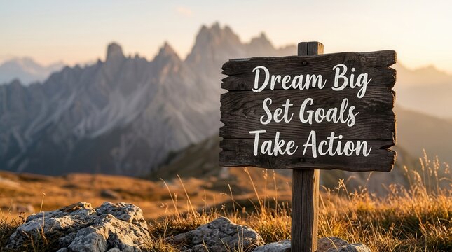 A rustic wooden board with motivational words Dream Big Set Goals Take Action in mountains.