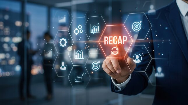 Economic planning and development concept featuring a businessman touching the recap icon on a smart screen.