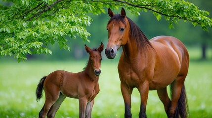 Obraz premium Brown Horse and Foal Standing Under Green Tree in Meadow