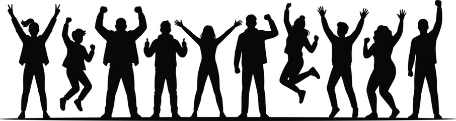 Fototapeta premium Cheerful crowd people silhouette set vector illustration, happy jumping crowd celebrating success, freedom
