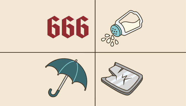 Graphic grid displaying various bad luck superstitions including spilling salt, a broken mirror, and opening an umbrella.