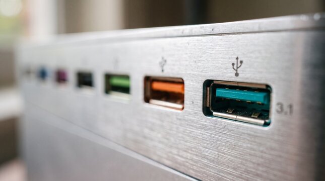 Close up view of multiple colorful universal serial bus ports integrated into a brushed metallic computer peripheral interface hub