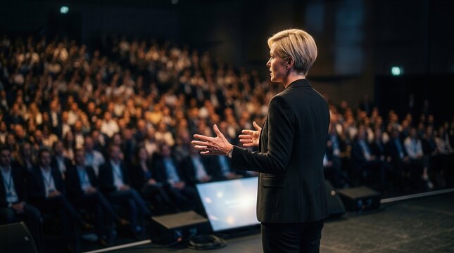 The poised female professional captivates an audience with her compelling presentation.