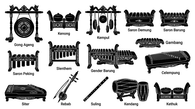 Indonesian Gamelan Instruments Set - Black and White Vector Art