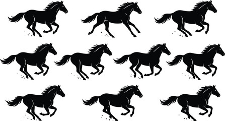Fototapeta premium Running horse silhouette set vector illustration, wild stallions galloping fast, equestrian, freedom