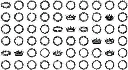 Christian religion crown of thorns linear icons collection with royal tiaras easter passion symbols for graphic design vectors © MD