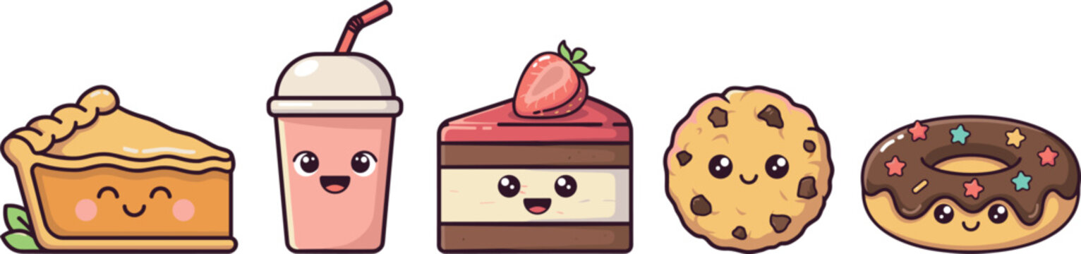 PrintCute Kawaii Dessert Vector Character Set with Apple Pie, Milkshake, Strawberry Cake Slice, Chocolate Chip Cookie, and Frosted Donut Elements