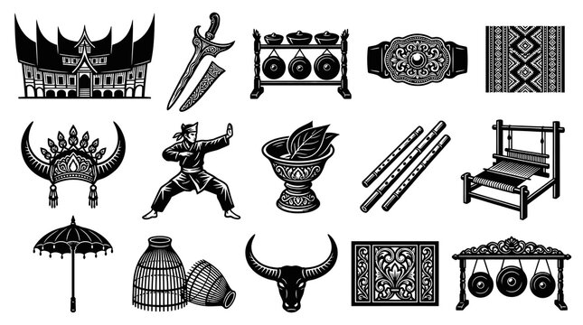 Traditional Indonesian Culture Icons: Batik, Gamelan, Kris, Wayang, Architecture, Black  White