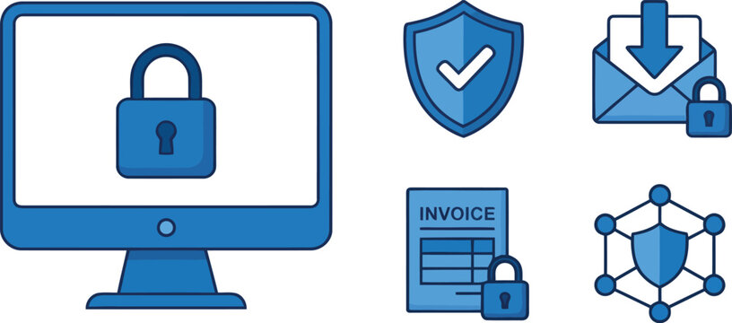 Glossy 3D Computer Security Lock Icon Button with Padlock Symbol for Web Website Technology Business Vector Illustration on Round Glass Circle Badge with Shadow