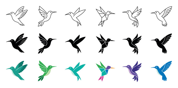 Hummingbird vector icons and colibri logo set featuring minimalist outline, solid black silhouette, and colorful geometric origami designs for modern branding and graphic design elements
