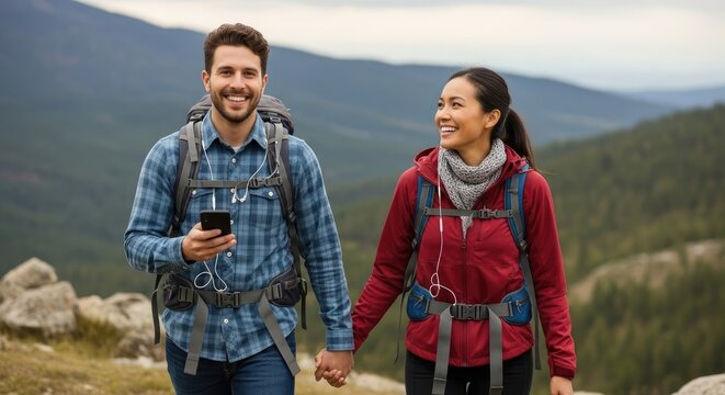 A couple hiking in a scenic mountainous area, holding hands and smiling.