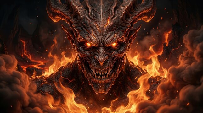 Menacing face of an angry demon creature surrounded by hell's fire.
