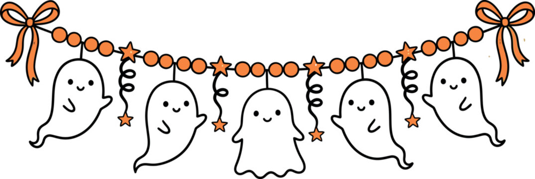 A cute and festive Halloween bunting banner featuring friendly little ghosts hanging from an orange beaded string adorned with star shapes and orange ribbon bows