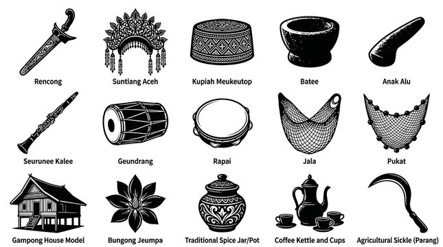 Black and White Hand-Drawn Vector Line Art Illustration of Acehnese Culture Traditional Objects and Symbols