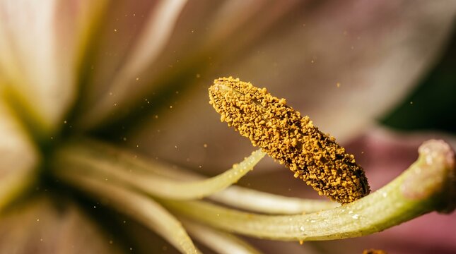 Macro view of a lily flower stamen with pollen grains illuminated in soft light for nature photography