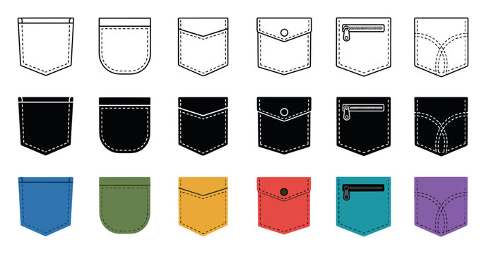 Pocket vector icons set for clothing design featuring various shapes and styles including outline, solid black, and colorful flat designs with stitches, zippers, and buttons
