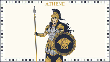 Obraz premium Greek goddess Athena stands courageously while holding her long spear and shield with the medusa head emblem.