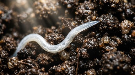Fototapeta premium Detailed macro shot of a pale translucent worm moving through rich dark organic garden soil